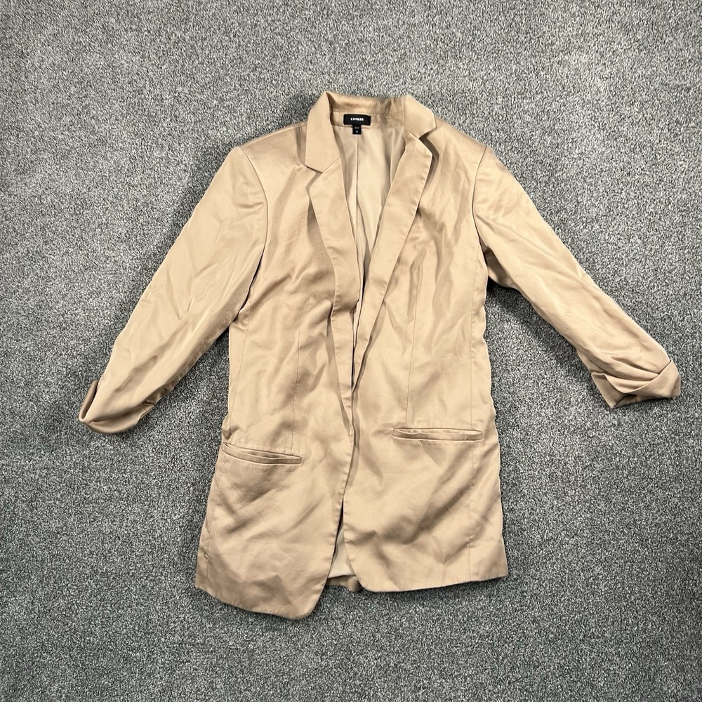 Express Womens XS Tan Longline Blazer Open Front Ruched Sleeve Career